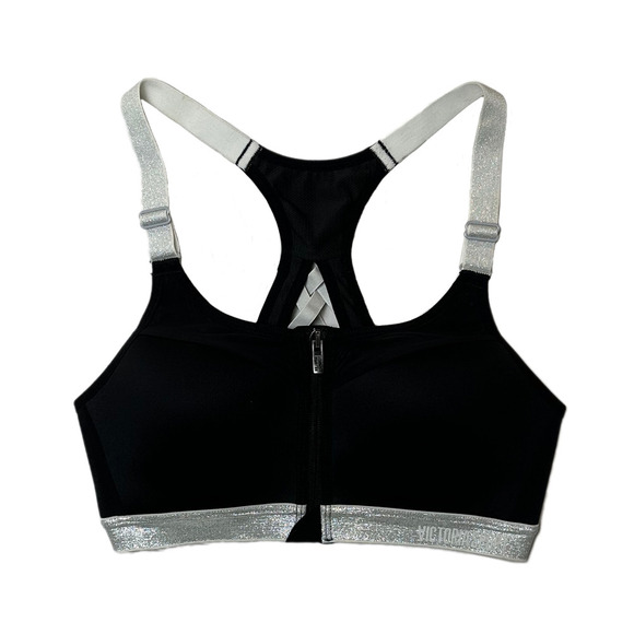 Victoria Secret Sports Bra Black with padding and  Silver Straps and band - Picture 1 of 8